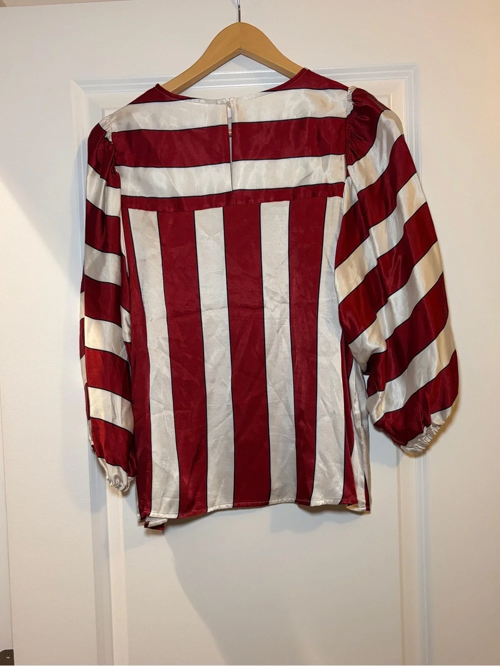 Anthropologie | Red and White Striped Satin Feel Puff-Sleeve Flowy Top